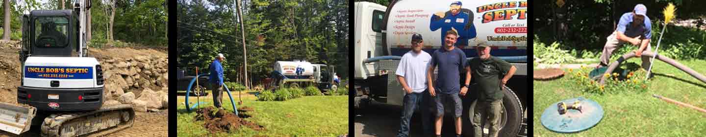 Uncle Bob's Septic crew and branded trucks at work — excavator, hose feeding, team photo, yard pumping